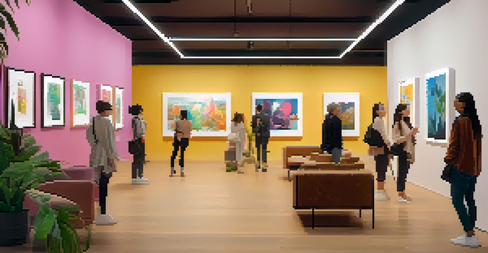 A digital art gallery filled with diverse NFT artworks and a group of people admiring the pieces.