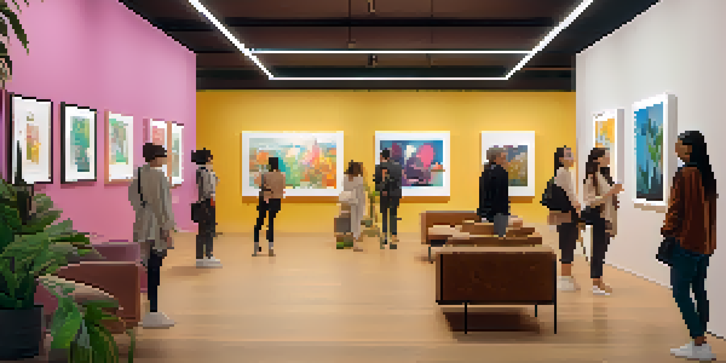 A digital art gallery filled with diverse NFT artworks and a group of people admiring the pieces.