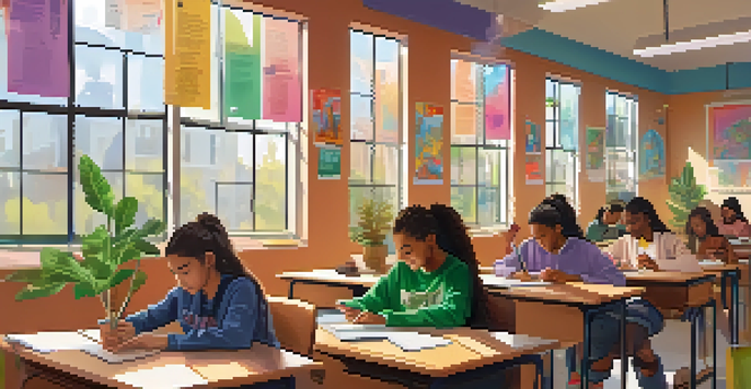 A diverse group of students working together in a bright classroom, creating digital art on tablets, surrounded by educational posters about social justice.