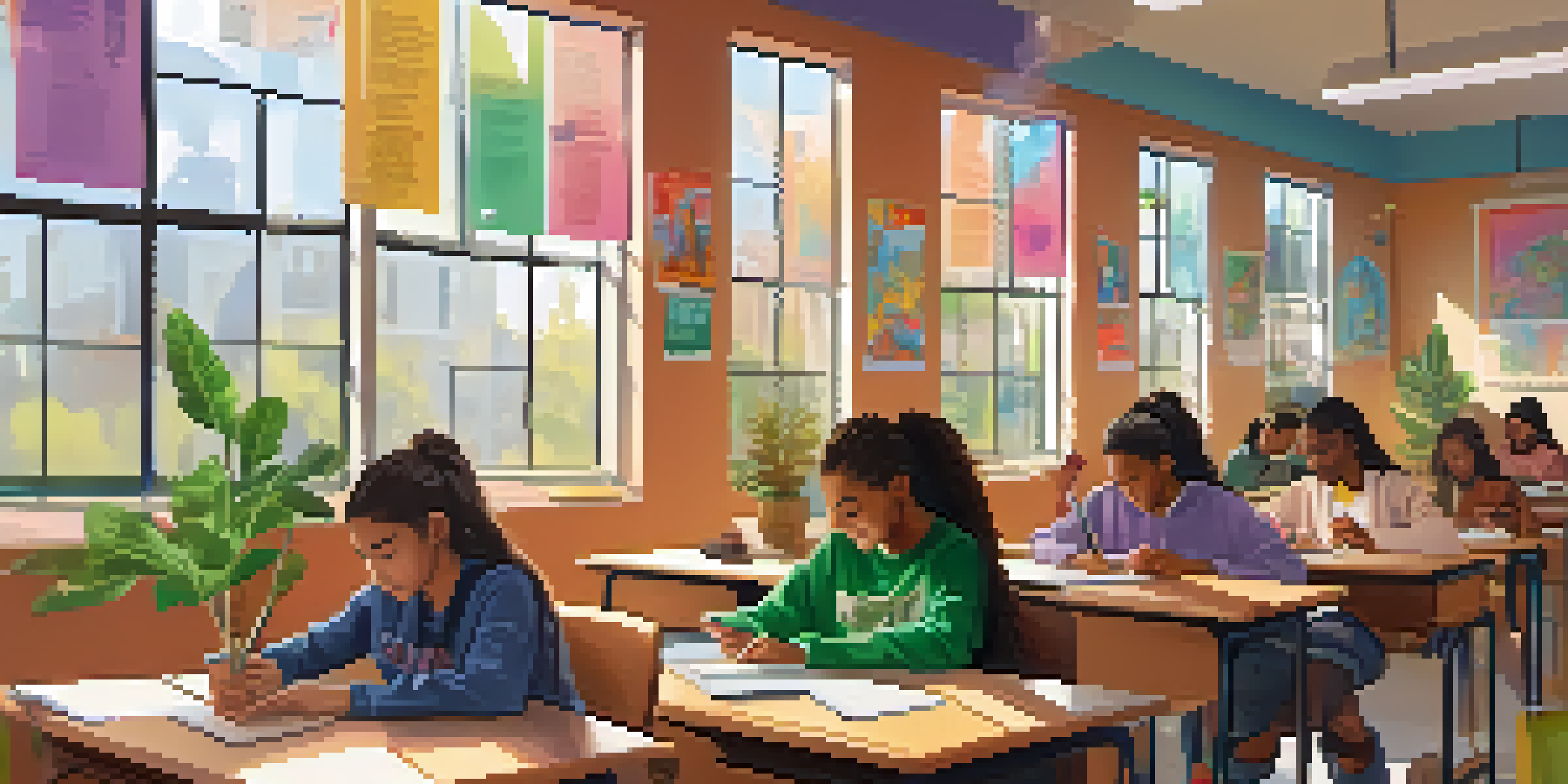 A diverse group of students working together in a bright classroom, creating digital art on tablets, surrounded by educational posters about social justice.