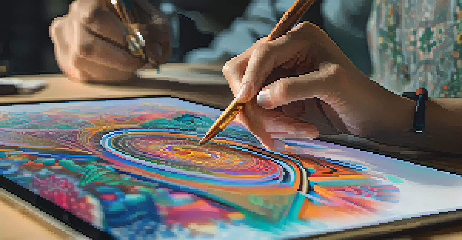 An artist's hands on a digital tablet, creating colorful NFT artwork that represents their cultural heritage, with natural light in the background.