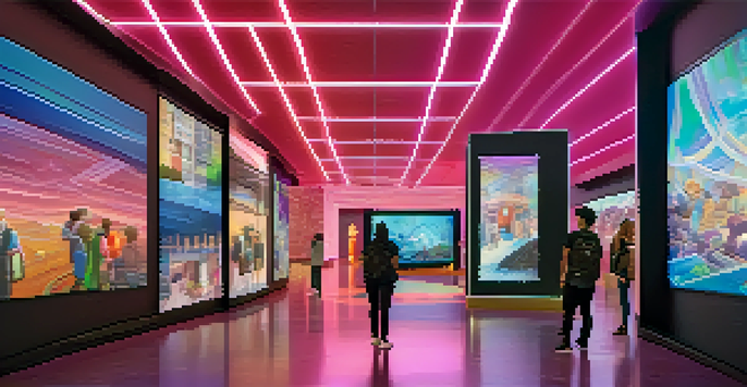 A modern museum interior with visitors engaging with digital art installations and large screens showing NFTs.