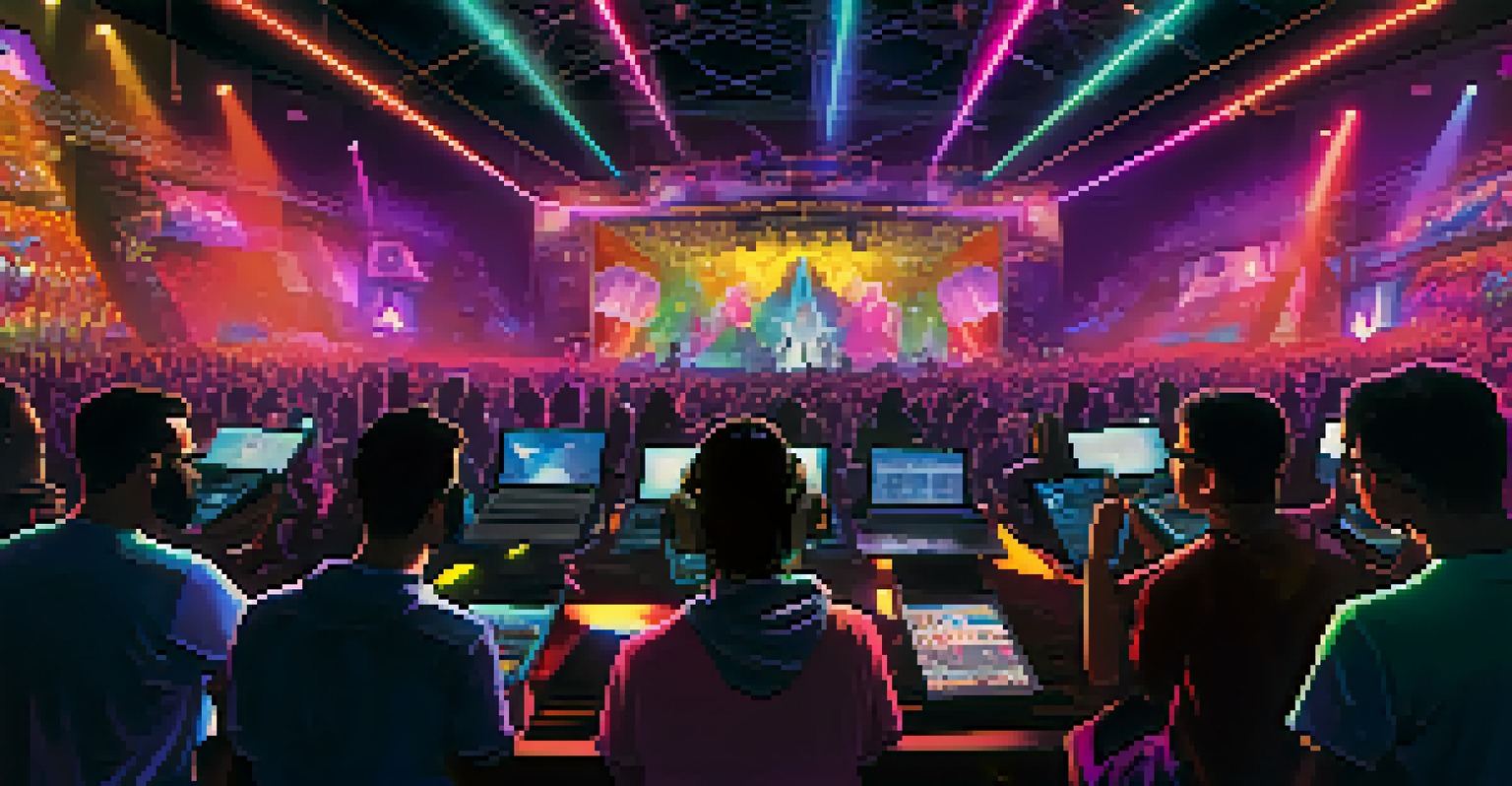A virtual concert scene with fans displaying their NFTs and colorful lights surrounding a music artist on stage.