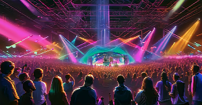 A futuristic music concert with holographic performances and colorful lights, featuring diverse fans interacting with NFT symbols.