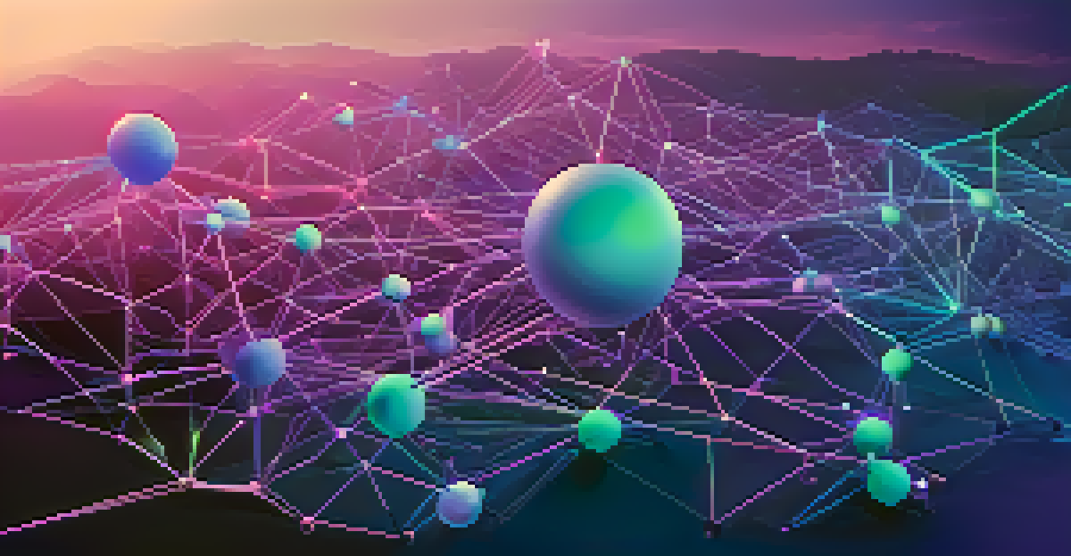 An illustration of a blockchain network showing NFT transactions, with colorful nodes and a futuristic gradient background.