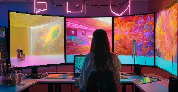 A digital artist creating vibrant NFT artwork in a softly lit room filled with screens and framed digital art.