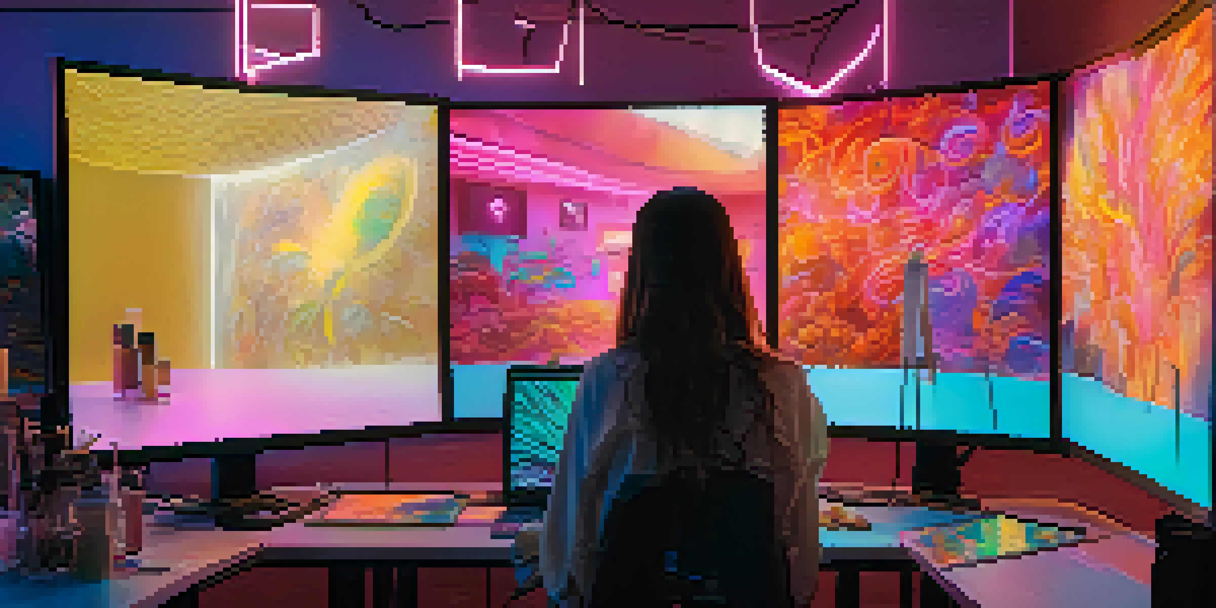 A digital artist creating vibrant NFT artwork in a softly lit room filled with screens and framed digital art.