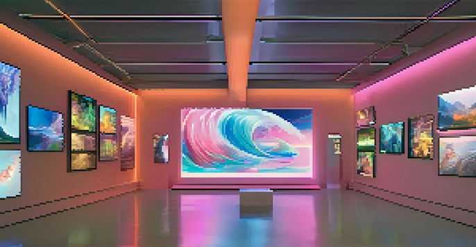 A digital art gallery with various unique NFTs displayed on screens, illuminated by soft lighting and colorful holographic elements.