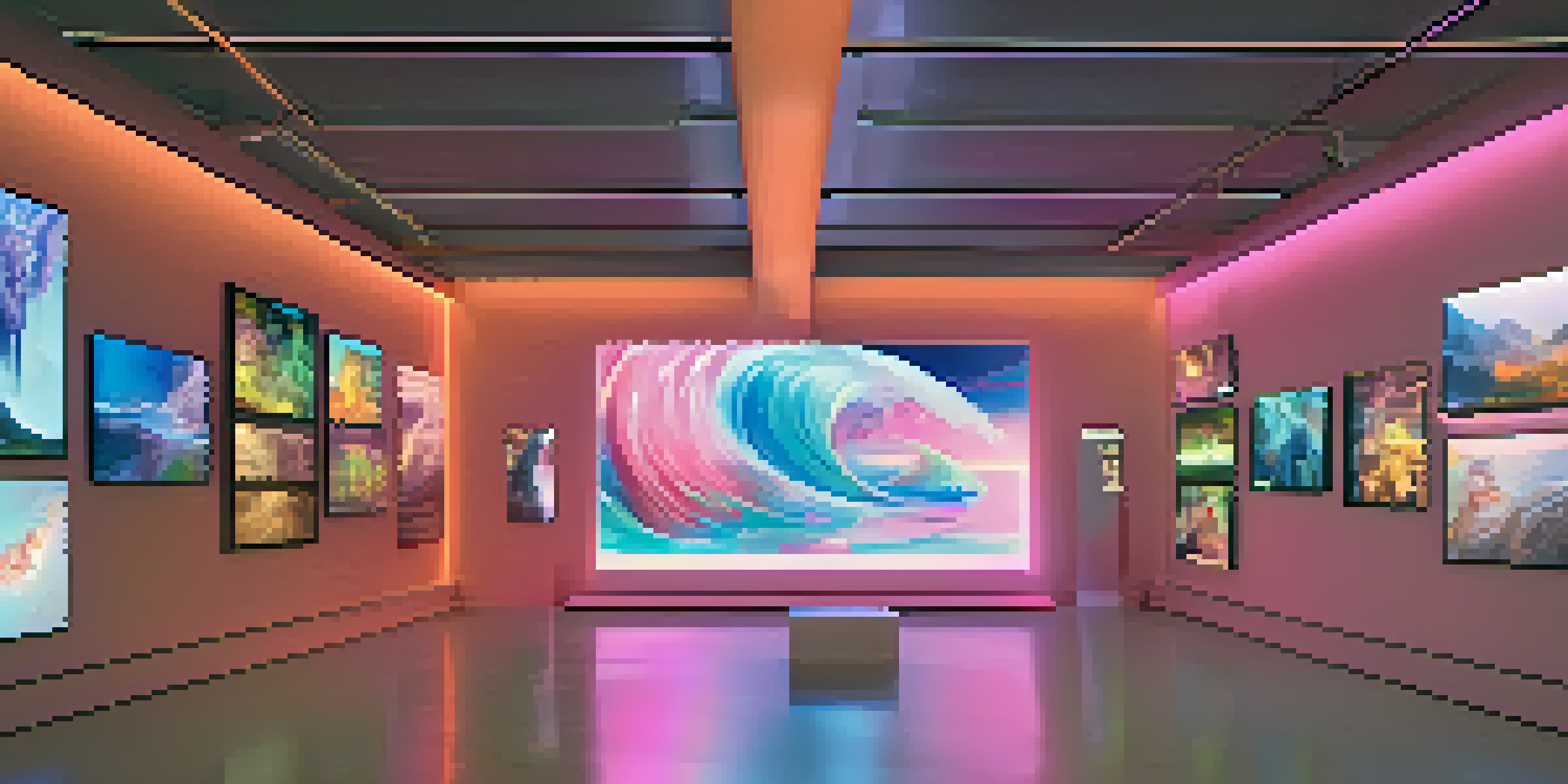 A digital art gallery with various unique NFTs displayed on screens, illuminated by soft lighting and colorful holographic elements.