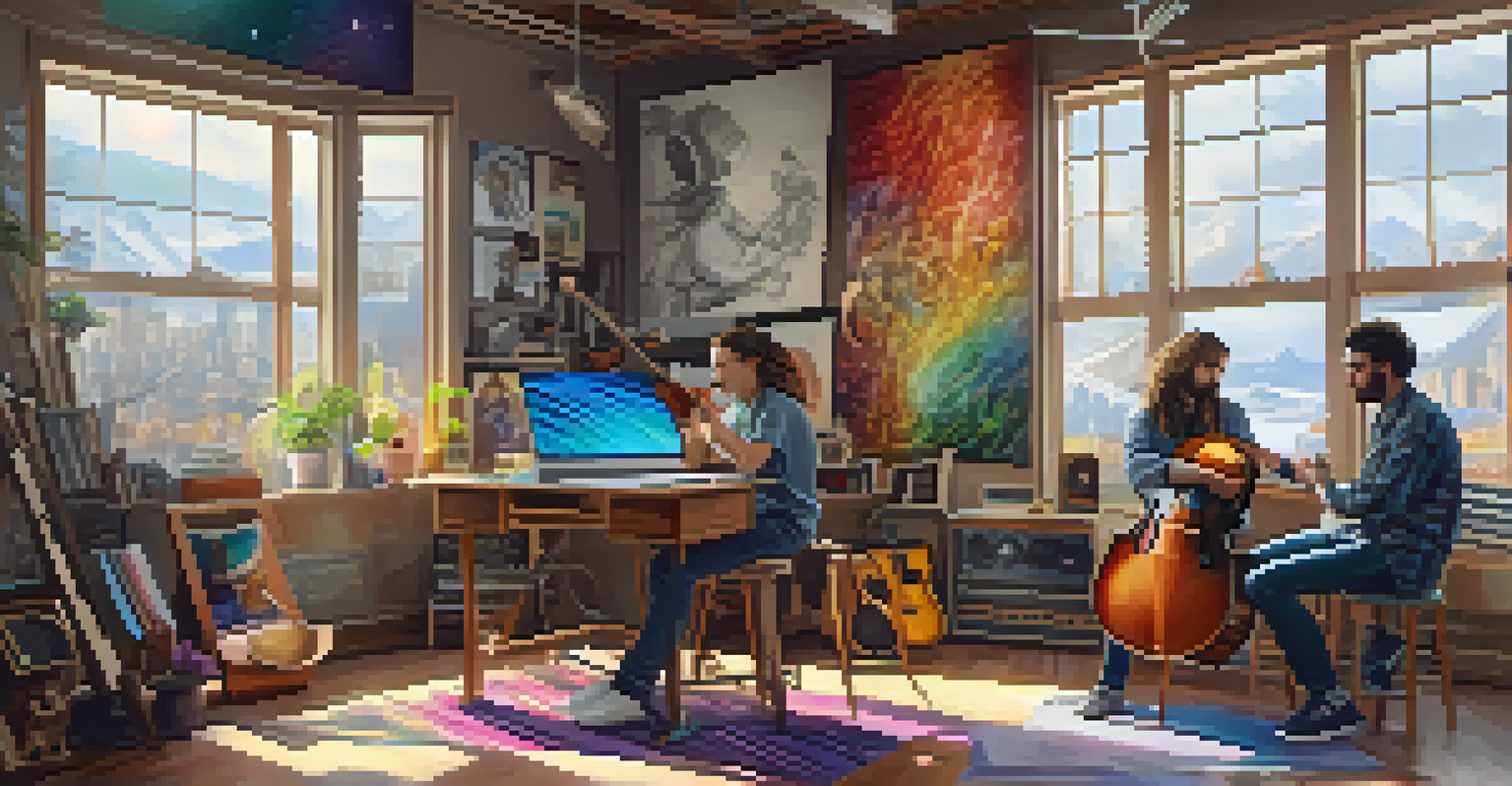 A visual artist and a musician collaborating in a creative studio, surrounded by sketches and musical notes, with bright colors and natural light.