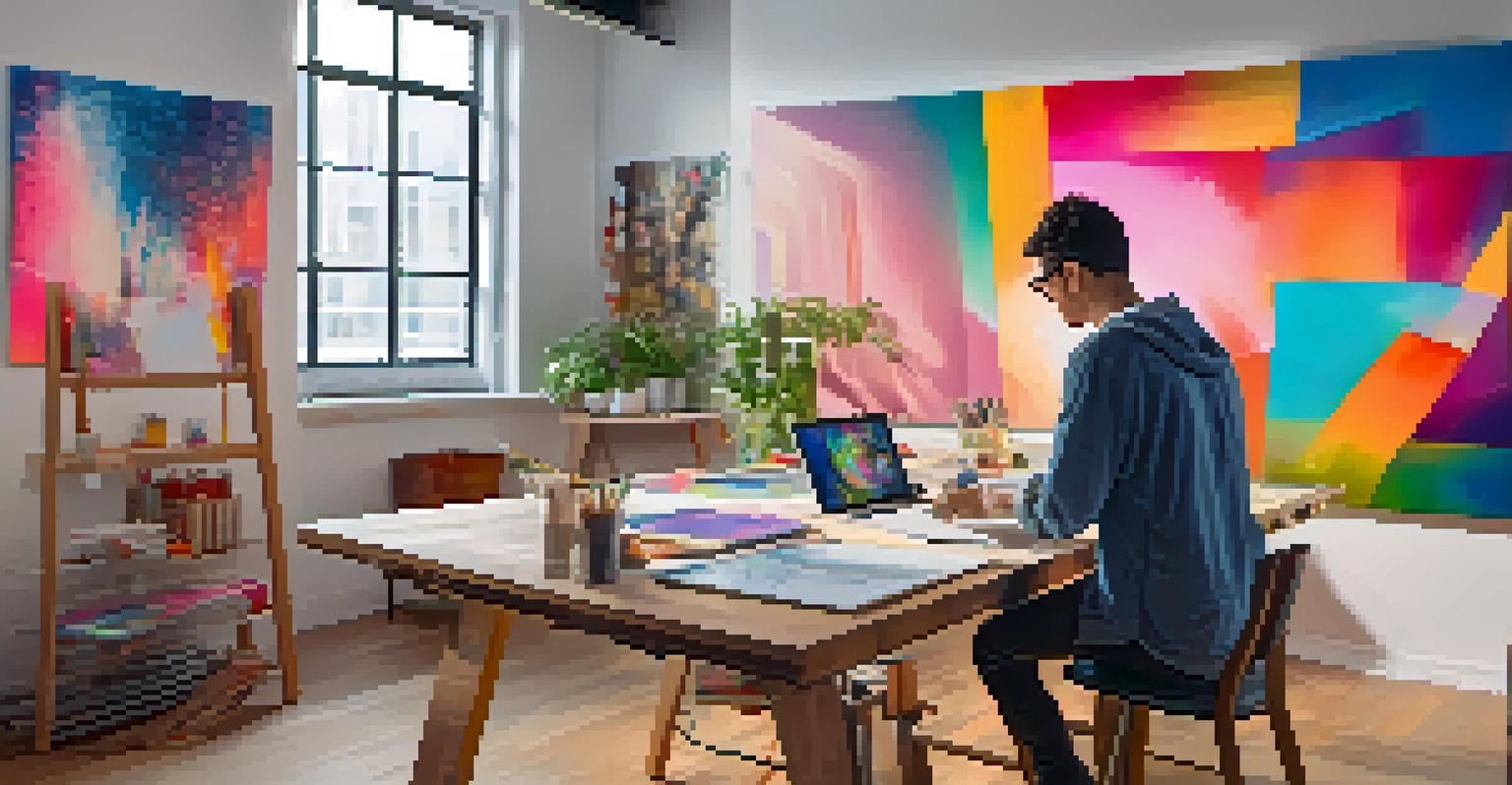 An artist creating digital art on a tablet in a colorful studio filled with artwork, illuminated by soft lighting.