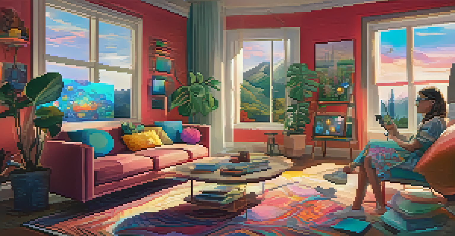 A person using augmented reality glasses in a cozy living room, surrounded by floating digital art pieces.