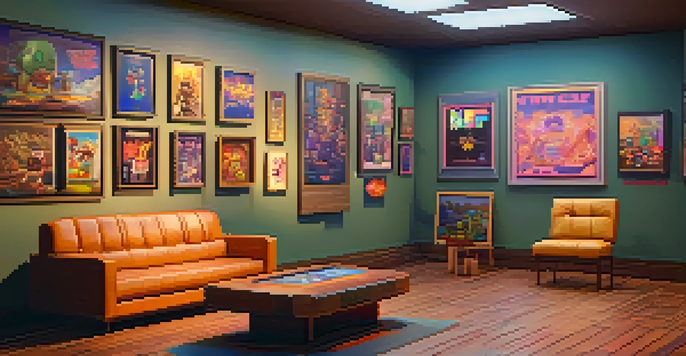 A digital art gallery displaying colorful pixelated art inspired by classic video games, with warm lighting and wooden floors.