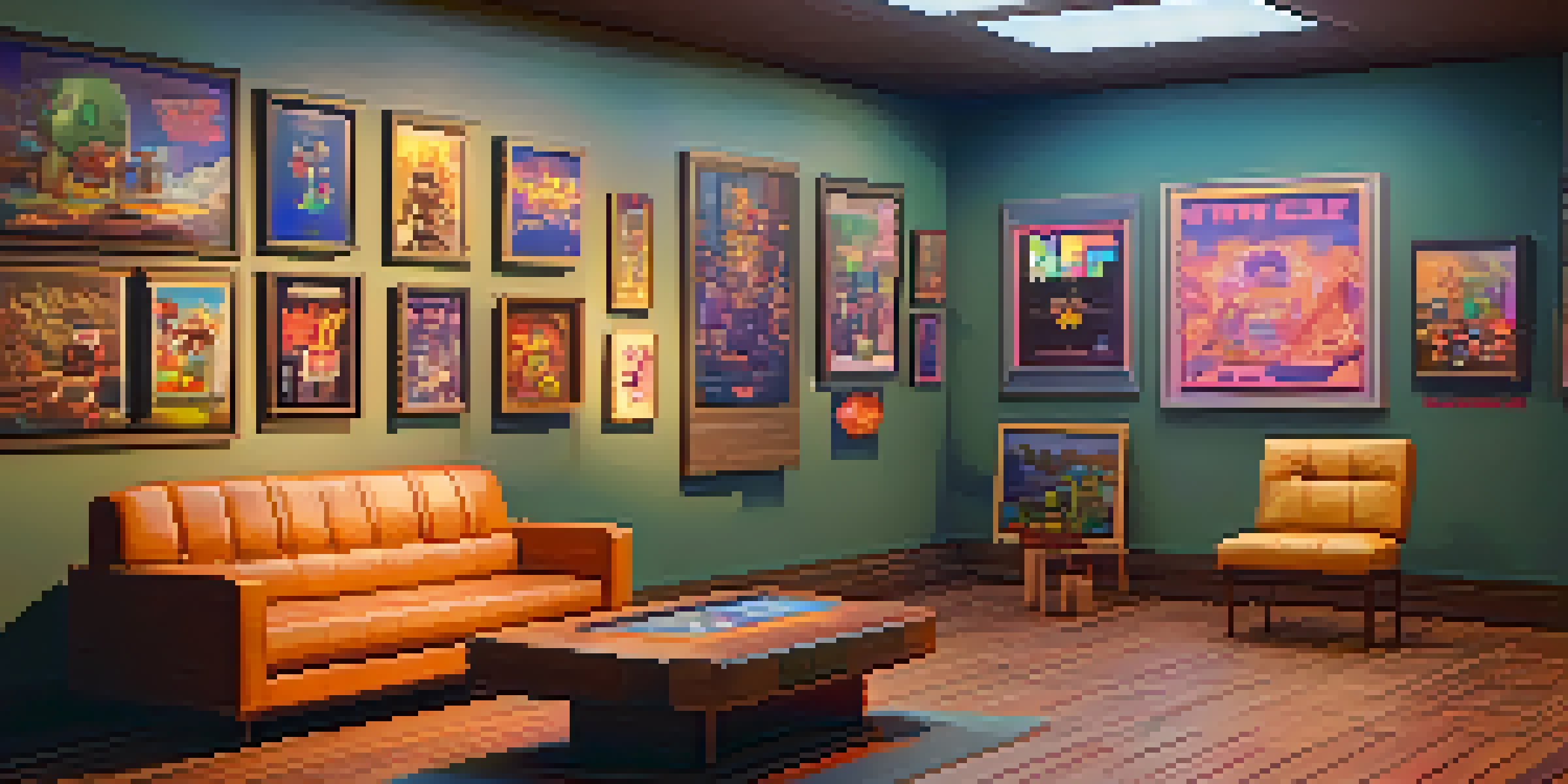 A digital art gallery displaying colorful pixelated art inspired by classic video games, with warm lighting and wooden floors.