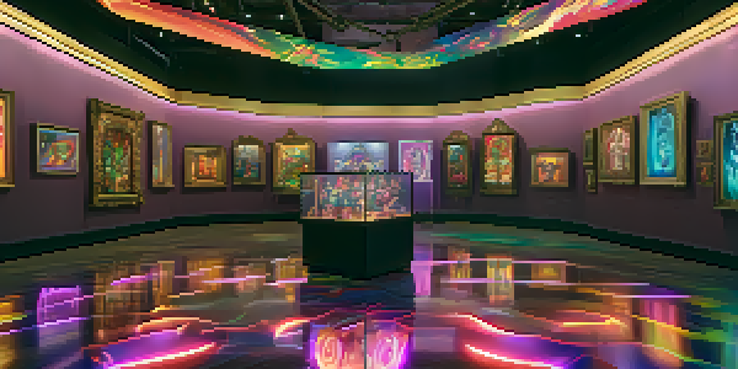 A digital gallery showcasing colorful NFTs of fantasy weapons and character skins, illuminated by soft lights.