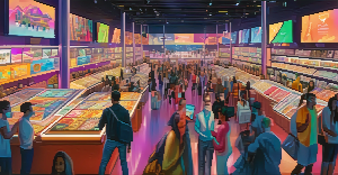 A lively digital marketplace featuring diverse NFTs with vibrant colors and excited individuals interacting with virtual screens.