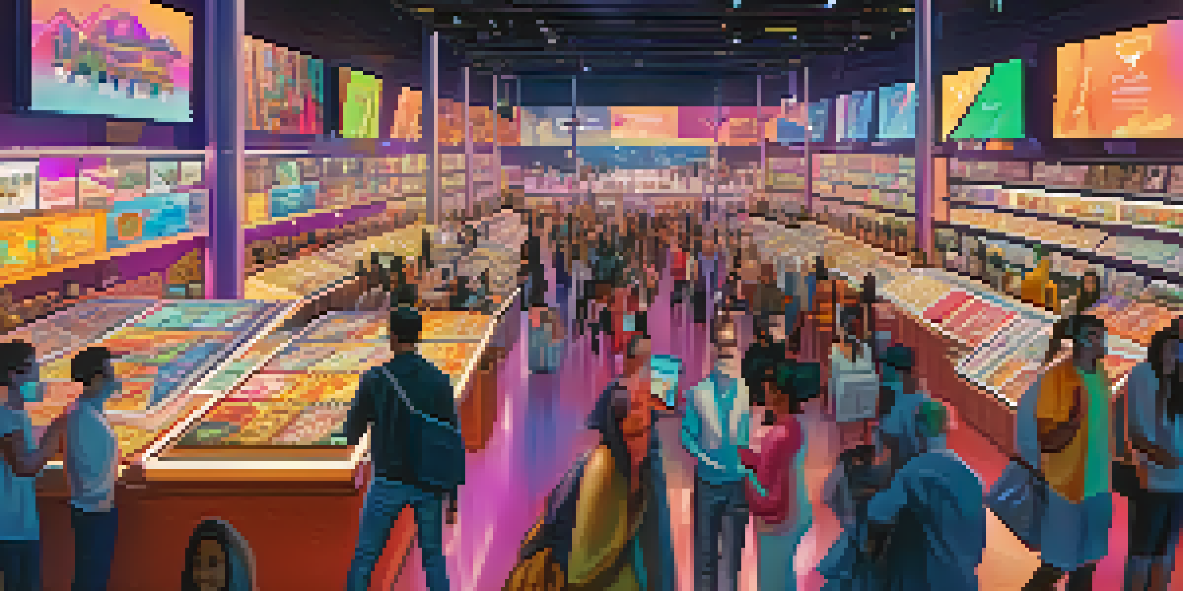 A lively digital marketplace featuring diverse NFTs with vibrant colors and excited individuals interacting with virtual screens.