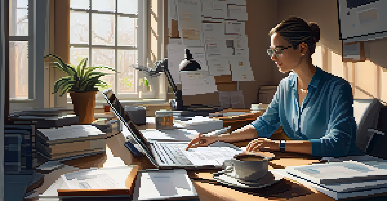 A researcher working at a desk, analyzing clinical trial data with papers and a tablet, illuminated by natural light.