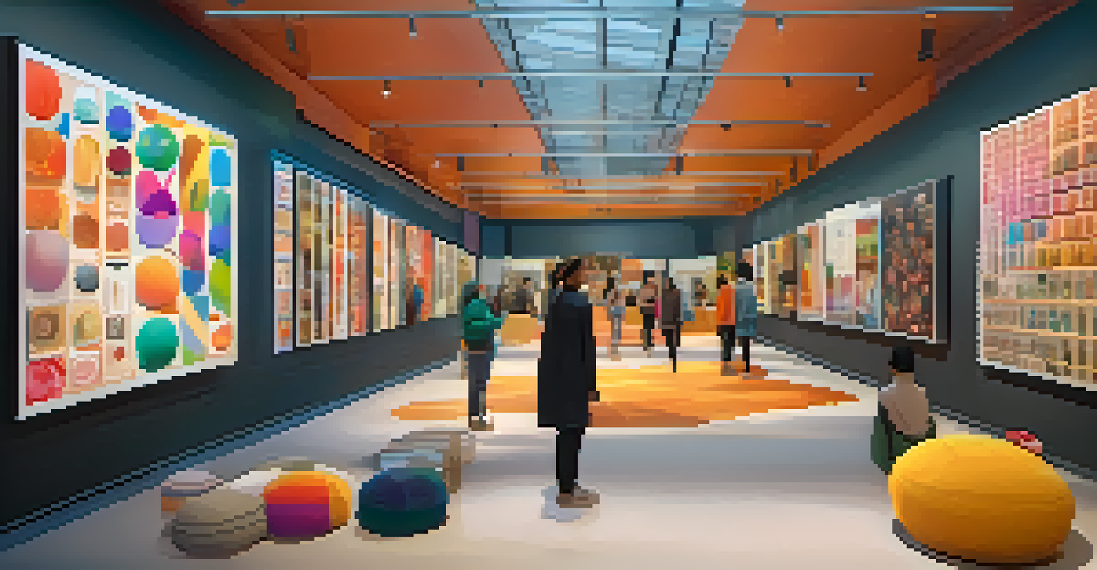 A digital marketplace showcasing diverse cultural artworks in a vibrant virtual gallery with visitors engaging with the art.