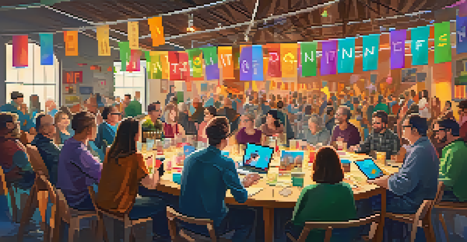 A vibrant workshop gathering of NFT enthusiasts and journalists discussing and sharing ideas in a lively setting.