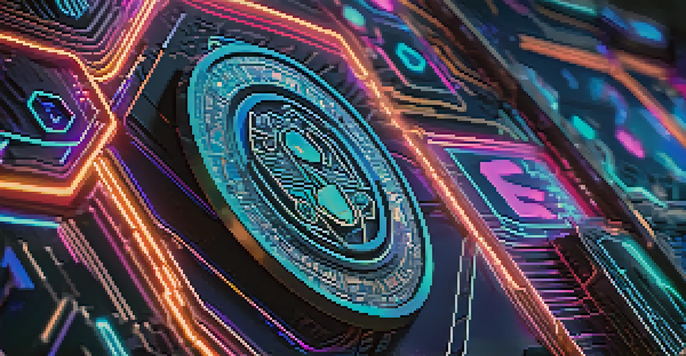 A colorful digital badge symbolizing an NFT, detailed with patterns and glow, on a futuristic blockchain-themed background.