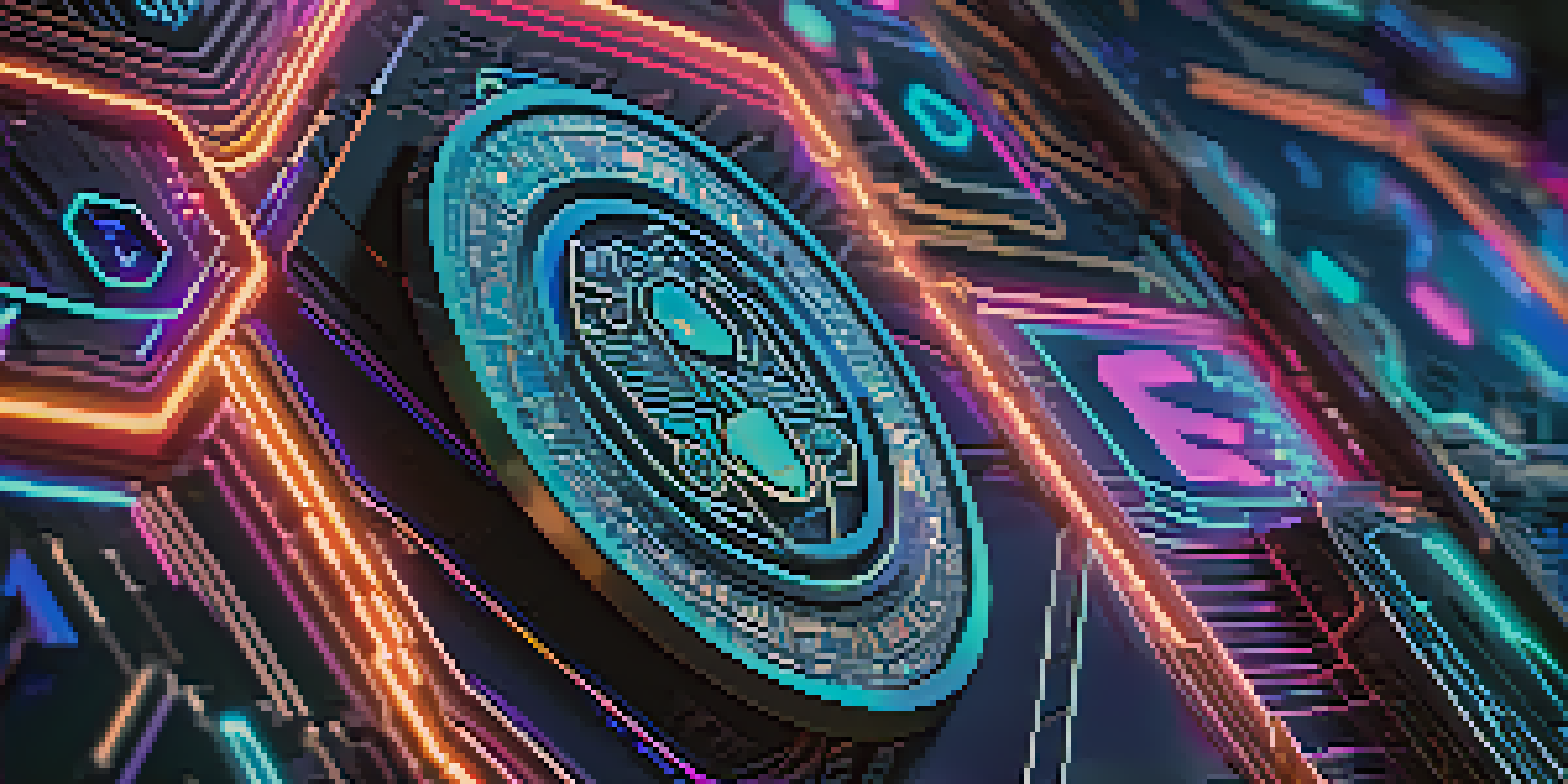 A colorful digital badge symbolizing an NFT, detailed with patterns and glow, on a futuristic blockchain-themed background.