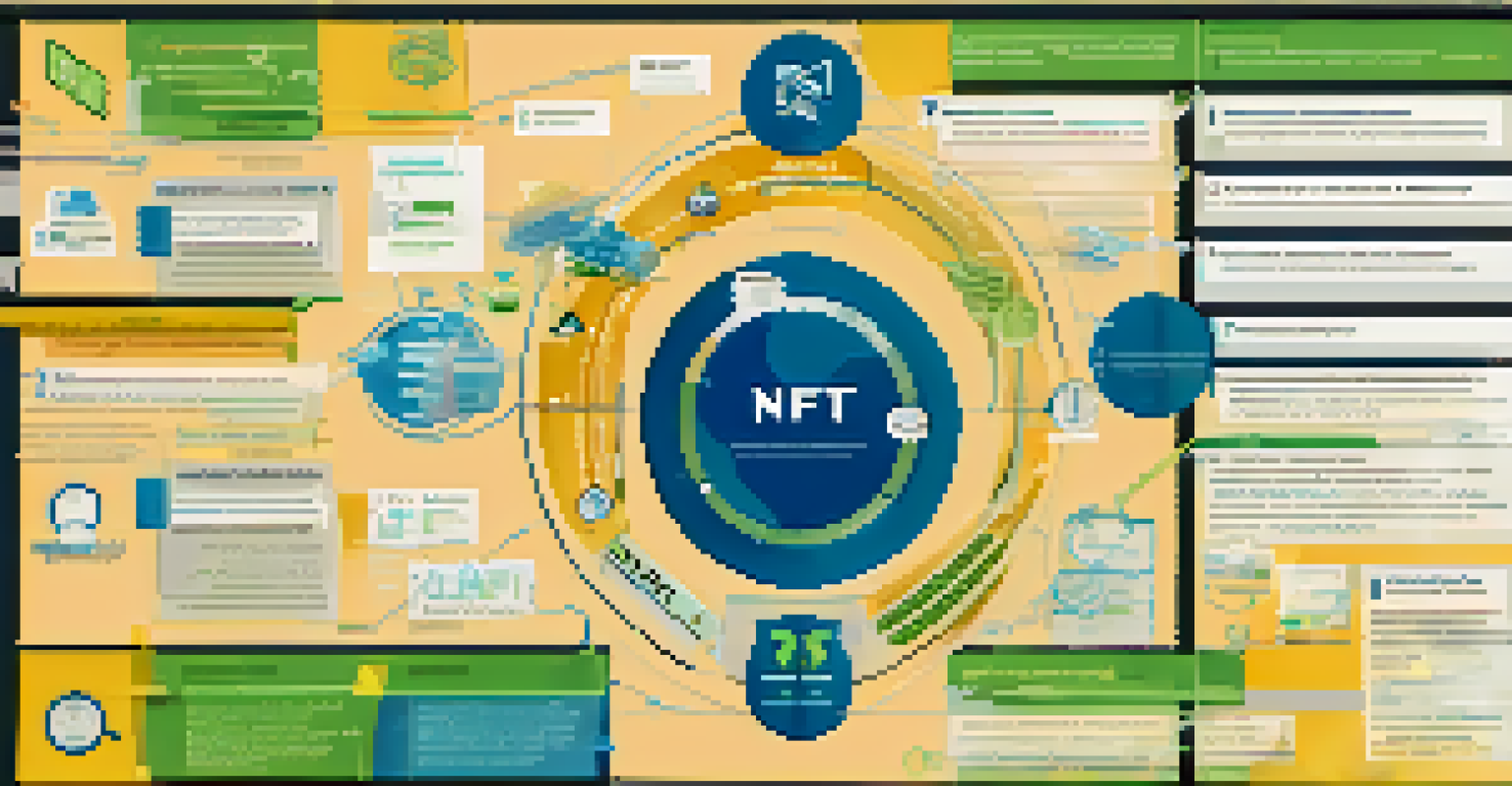An infographic depicting the relationship between NFTs and anti-money laundering regulations with interconnected icons and a blue, green, and gold color scheme.