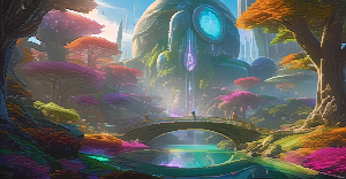 A player in a fantasy game holding a glowing sword, surrounded by colorful landscapes and unique creatures.