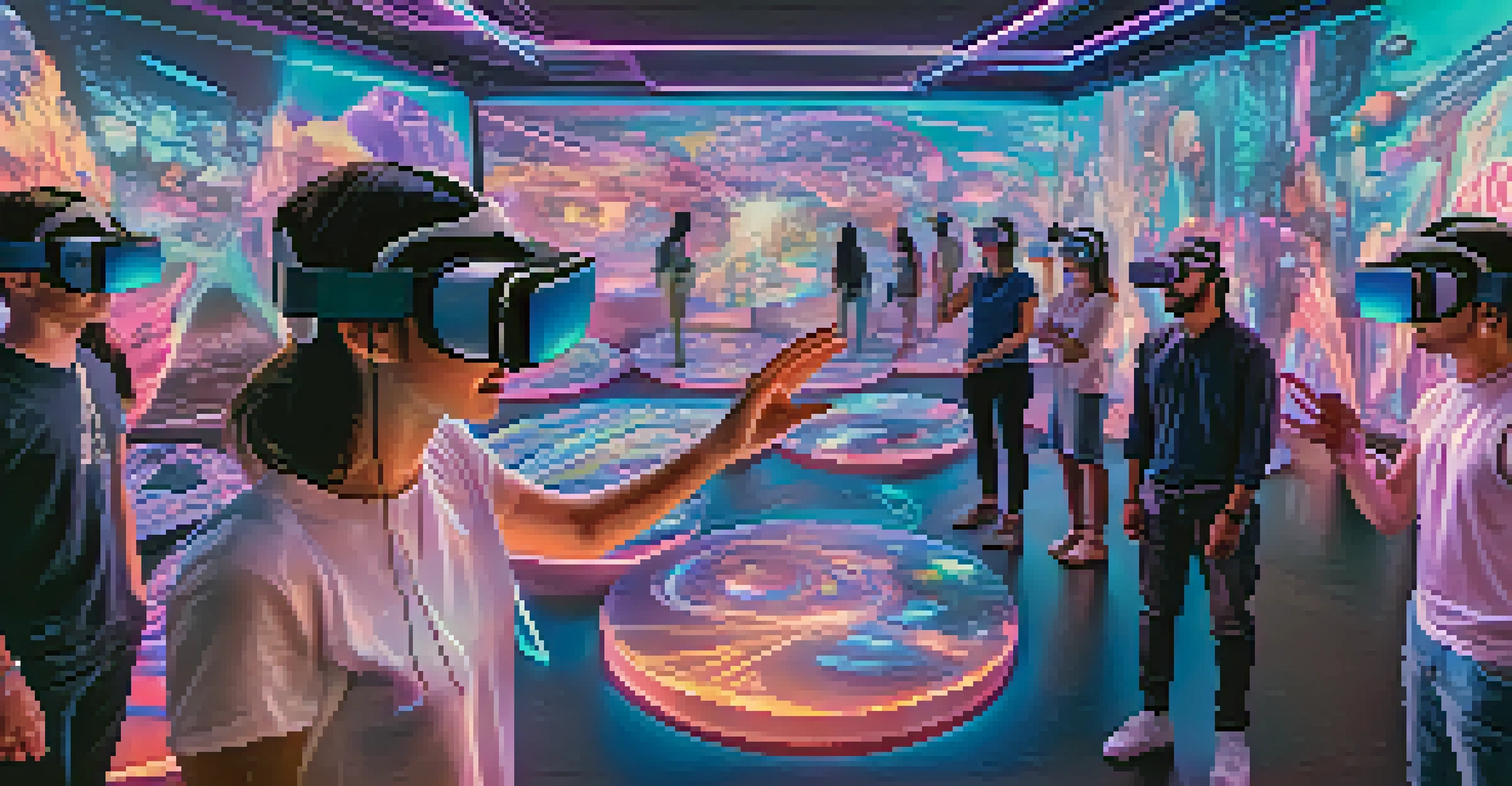 Collectors in a virtual reality space interacting with floating 3D NFT artworks, surrounded by neon lights.