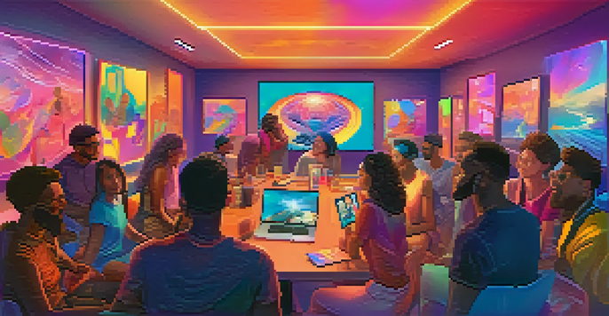 A diverse group of individuals in a virtual meeting, sharing ideas and celebrating successes in a colorful digital environment.