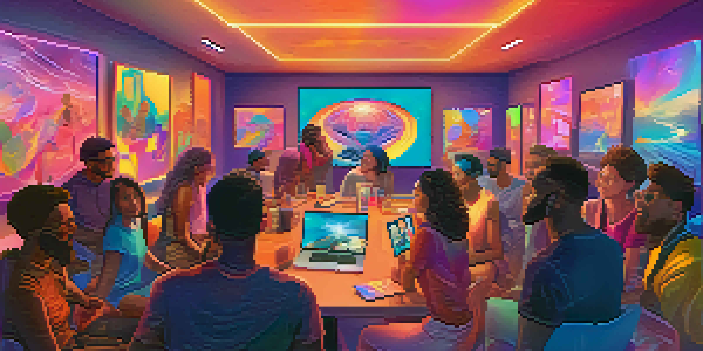 A diverse group of individuals in a virtual meeting, sharing ideas and celebrating successes in a colorful digital environment.