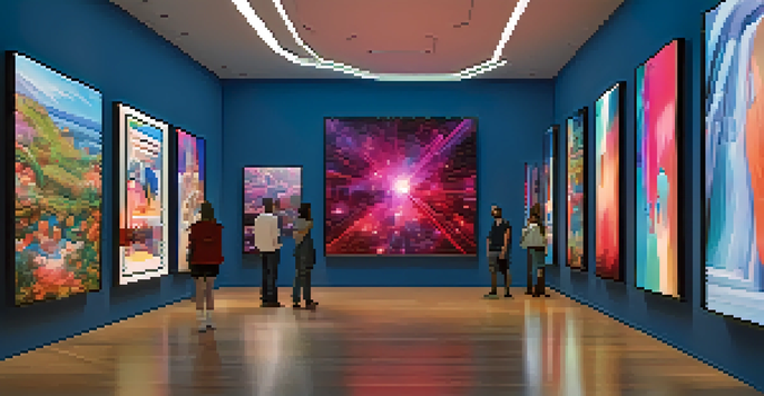 A modern digital art gallery filled with unique NFT artworks displayed on screens. Visitors are admiring the art in a brightly lit setting.