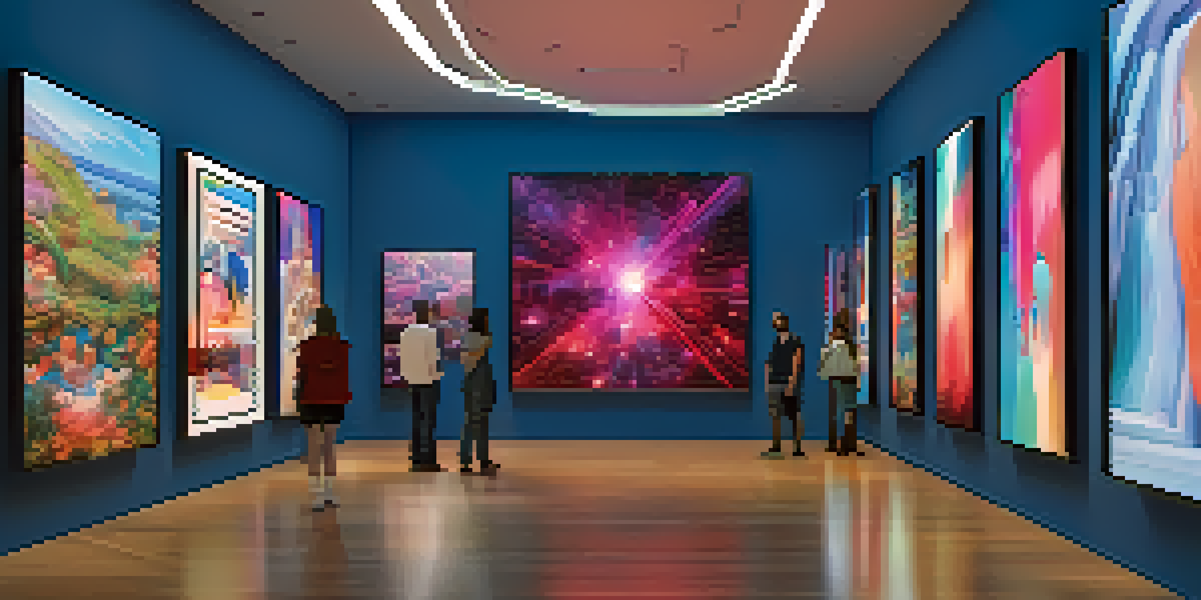 A modern digital art gallery filled with unique NFT artworks displayed on screens. Visitors are admiring the art in a brightly lit setting.