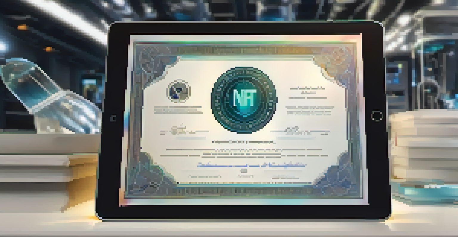 A close-up of a digital NFT certificate on a tablet, surrounded by scientific tools and papers.