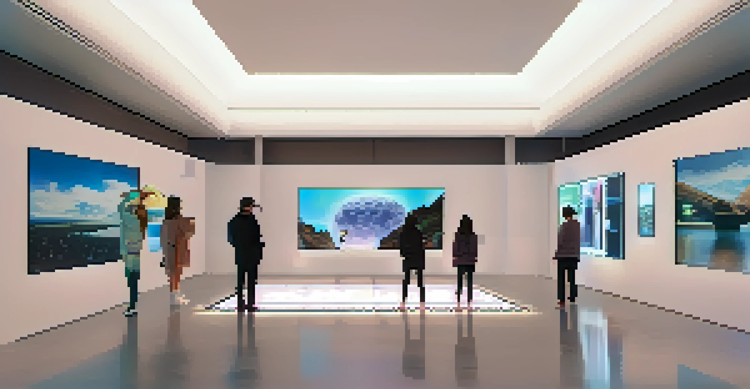 A high-tech virtual gallery showcasing NFT artworks with visitors engaging through augmented reality.