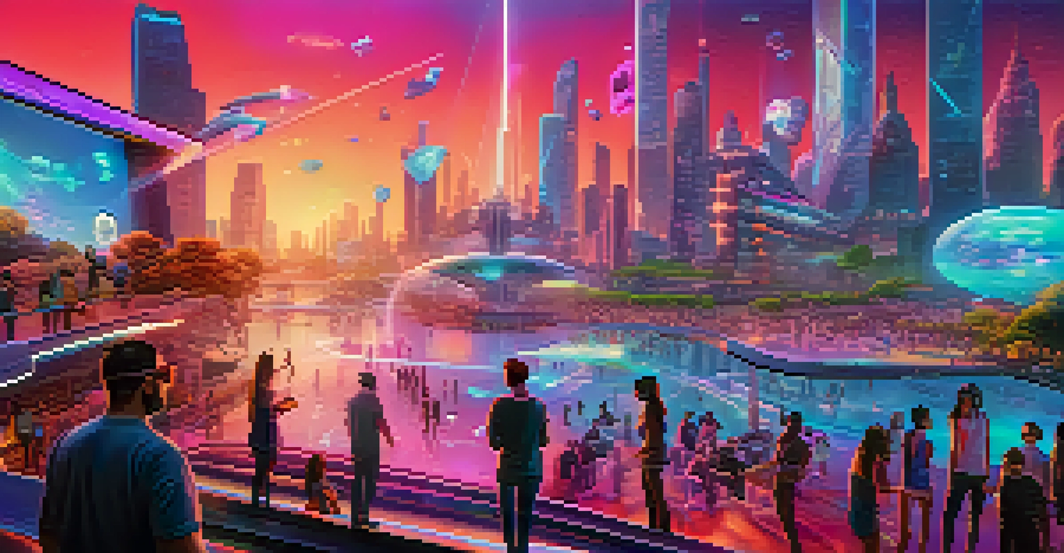 A futuristic virtual reality world with users interacting with floating NFTs and a vibrant digital city in the background.