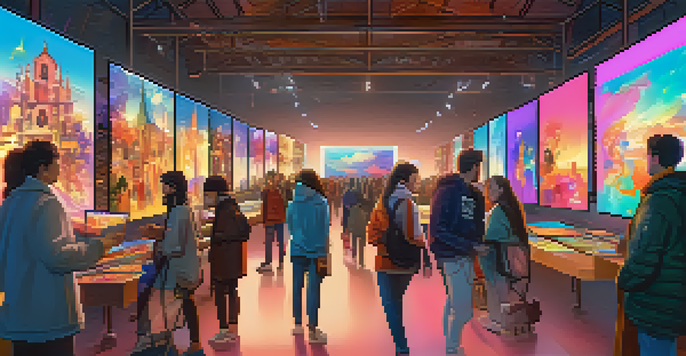 A lively digital art marketplace with artists showcasing their NFT creations, surrounded by colorful abstract art.