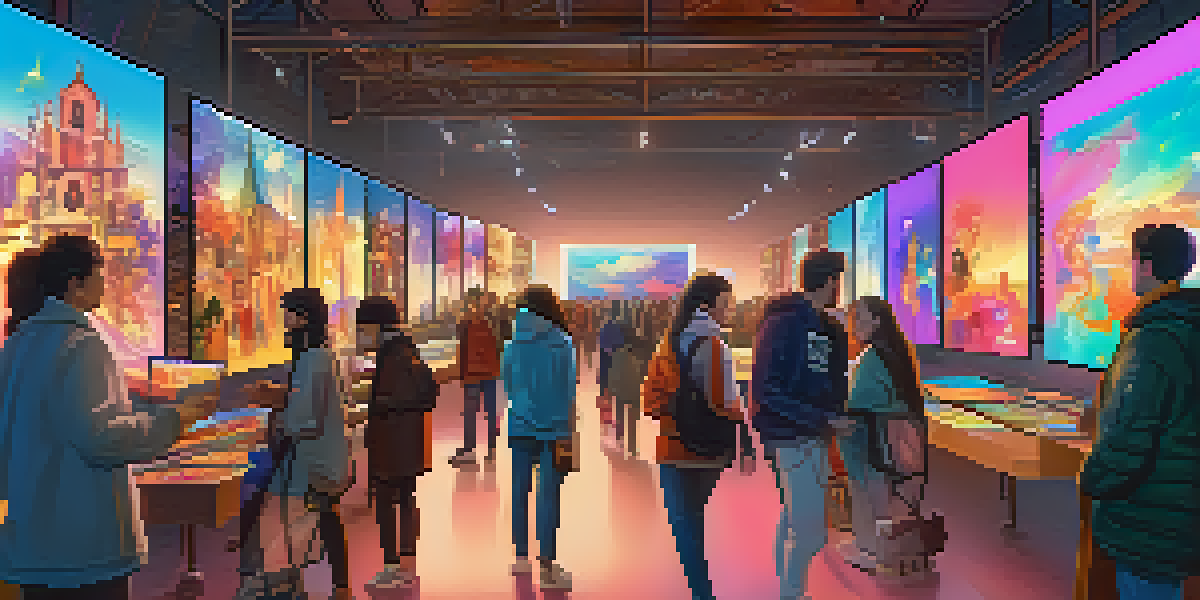 A lively digital art marketplace with artists showcasing their NFT creations, surrounded by colorful abstract art.