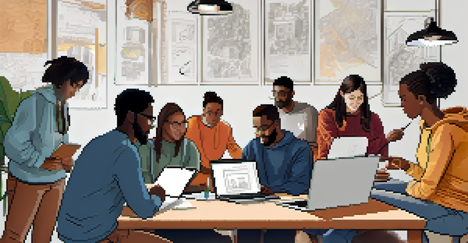 A diverse group of people collaborating at a table, discussing digital art accessibility with laptops and sketches spread out, conveying a sense of teamwork and creativity.