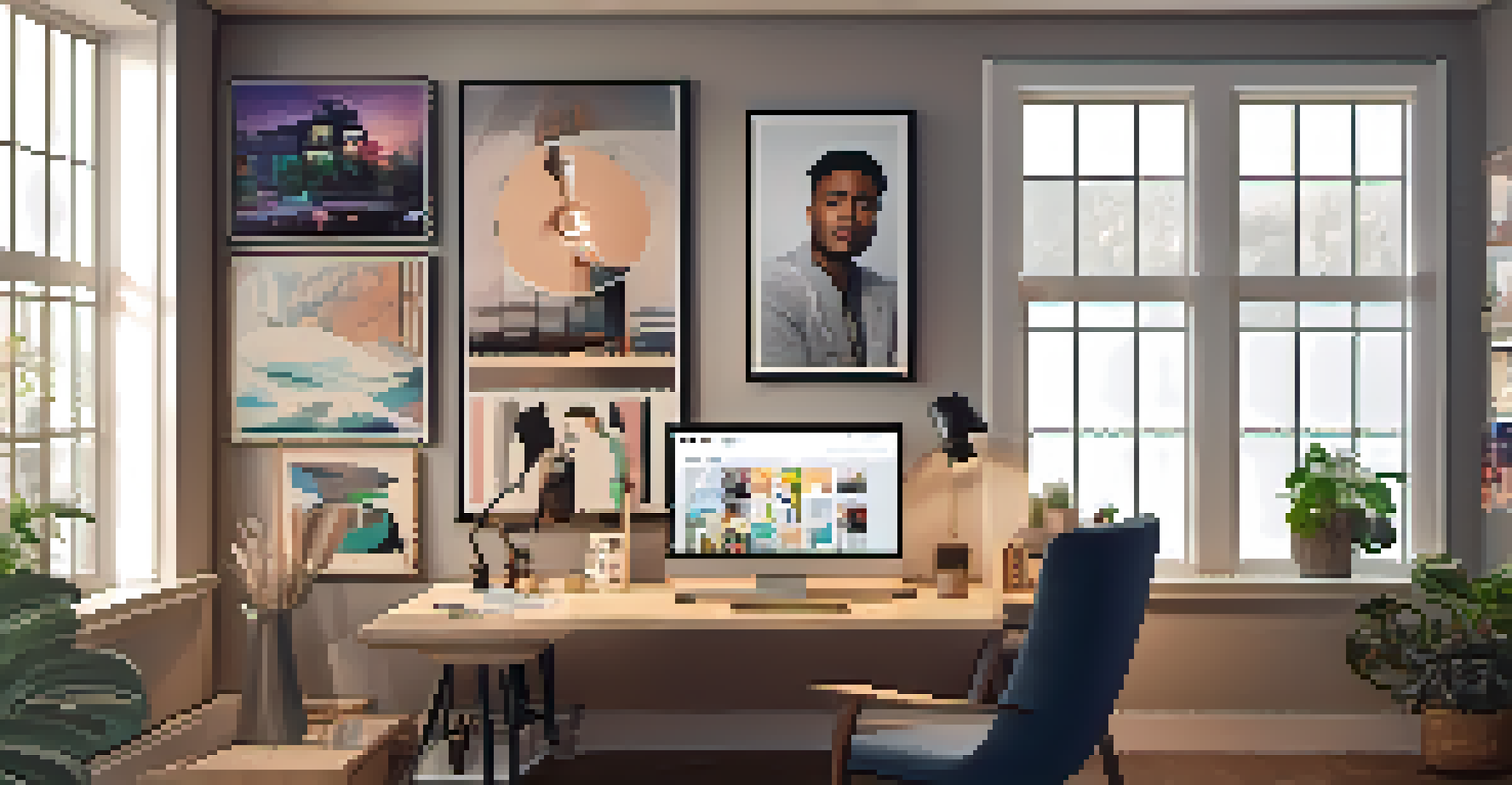 An influencer in a stylish home office promoting NFTs on a laptop, surrounded by digital art and natural light.