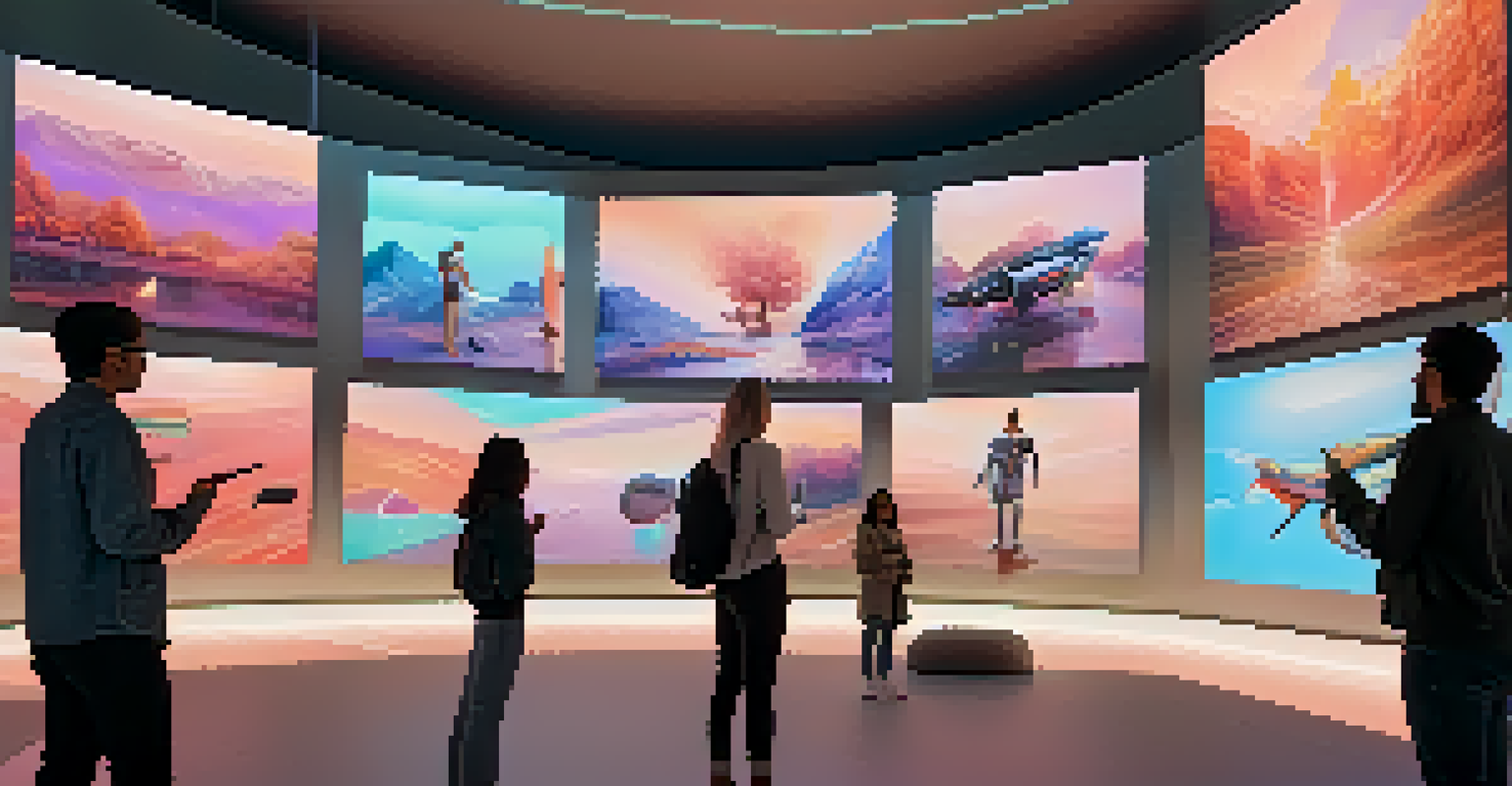 A futuristic virtual gallery with visitors interacting with floating digital art pieces using augmented reality glasses, illuminated by soft ambient lighting.
