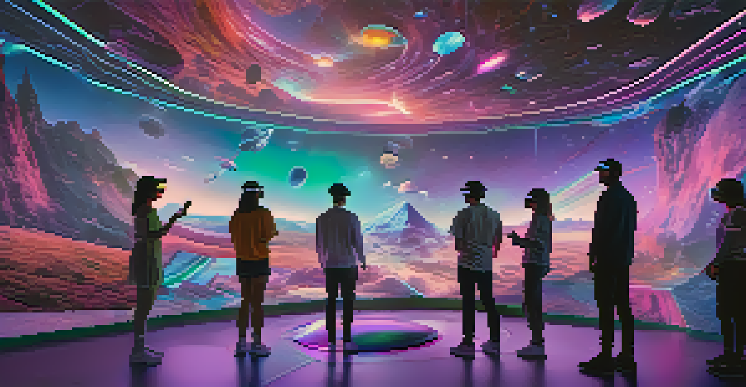 Users in a futuristic virtual reality space interacting with floating 3D NFTs, surrounded by a glowing abstract landscape.