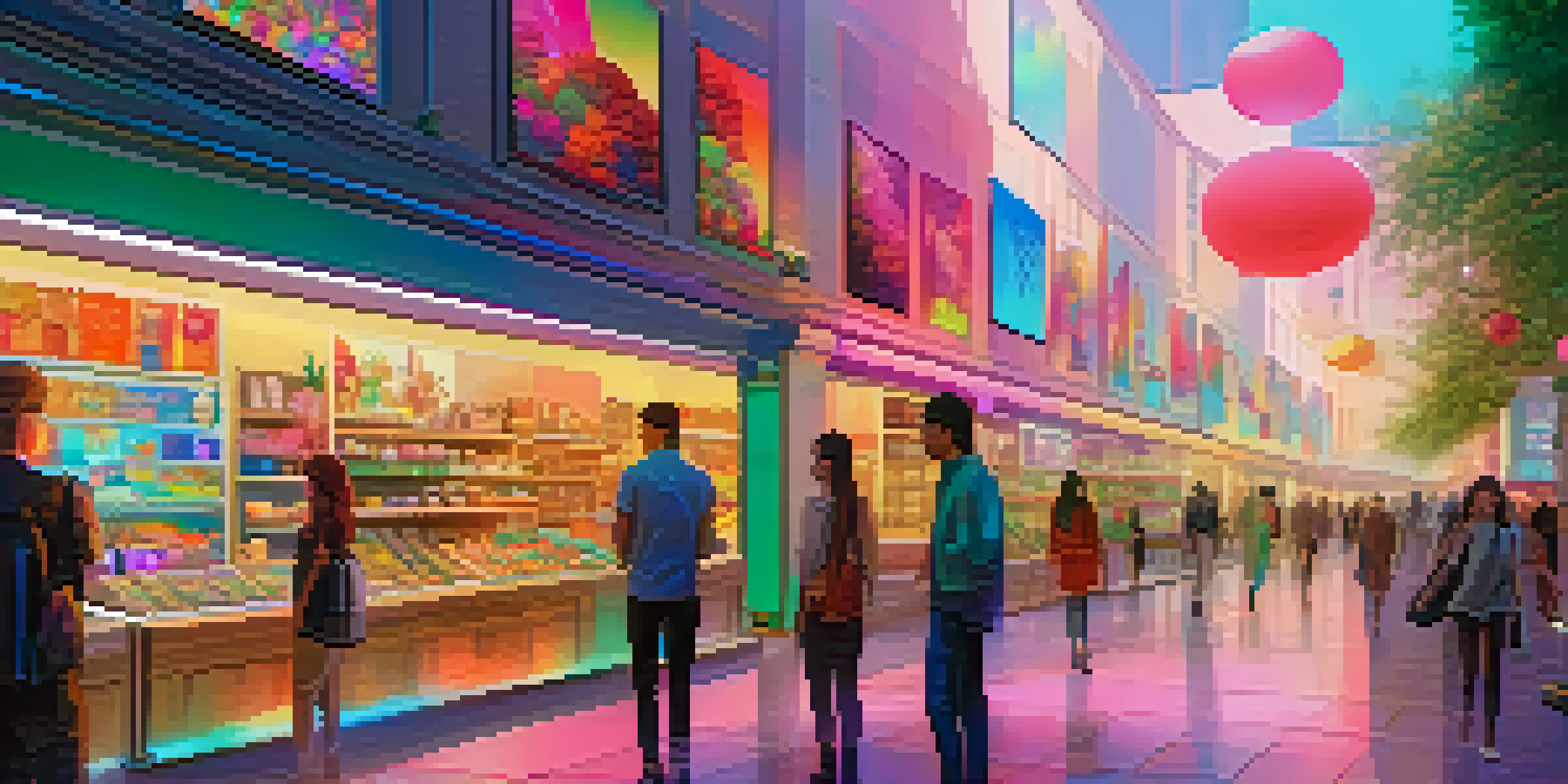 A digital landscape of an NFT marketplace with users engaging with colorful digital artworks on screens.