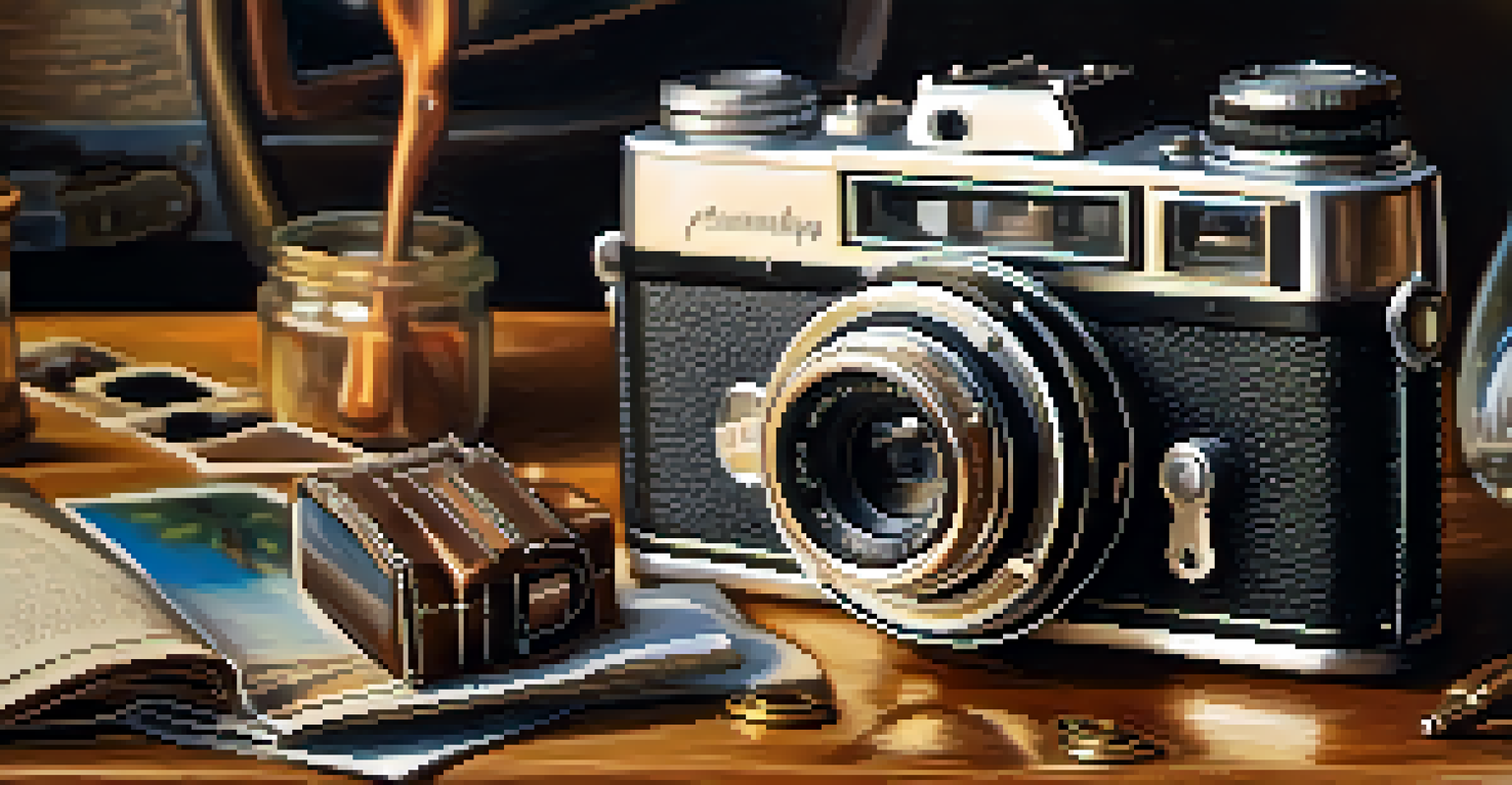 A vintage camera on a wooden table with scattered photographs, illuminated by soft warm light.