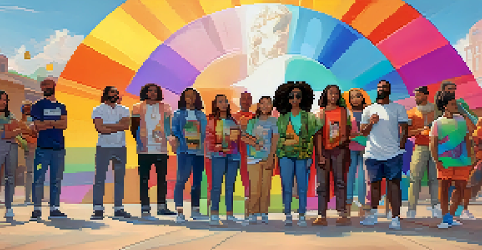 A group of activists holding unique digital art pieces, standing in front of a colorful mural symbolizing unity.