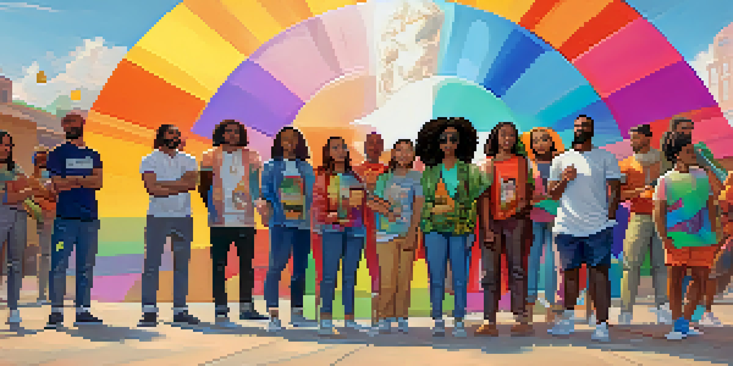 A group of activists holding unique digital art pieces, standing in front of a colorful mural symbolizing unity.
