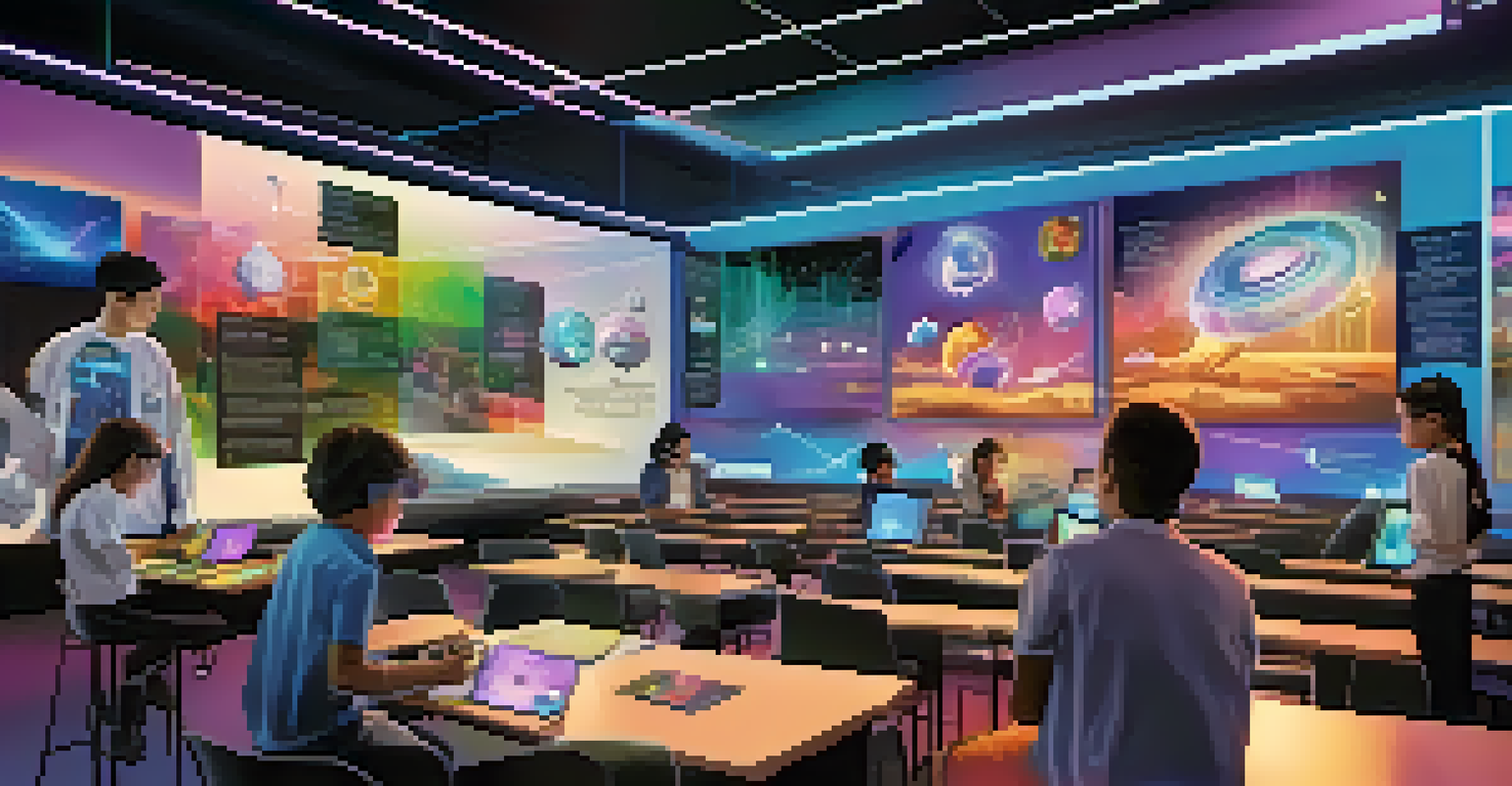 A futuristic classroom with students interacting with holographic displays of their NFT achievements in a sleek and modern environment.