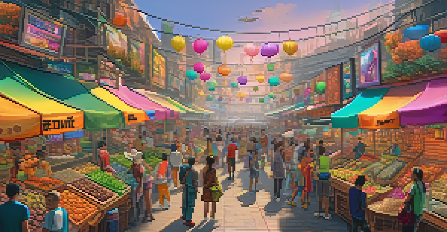 Lively NFT marketplace with diverse digital art pieces and avatars interacting.
