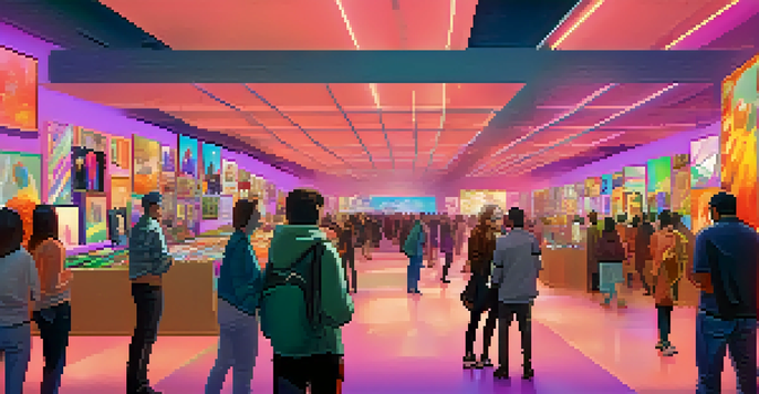 A digital art marketplace filled with diverse buyers of different ages interacting with unique NFTs displayed on screens, featuring bright colors and ambient lighting.