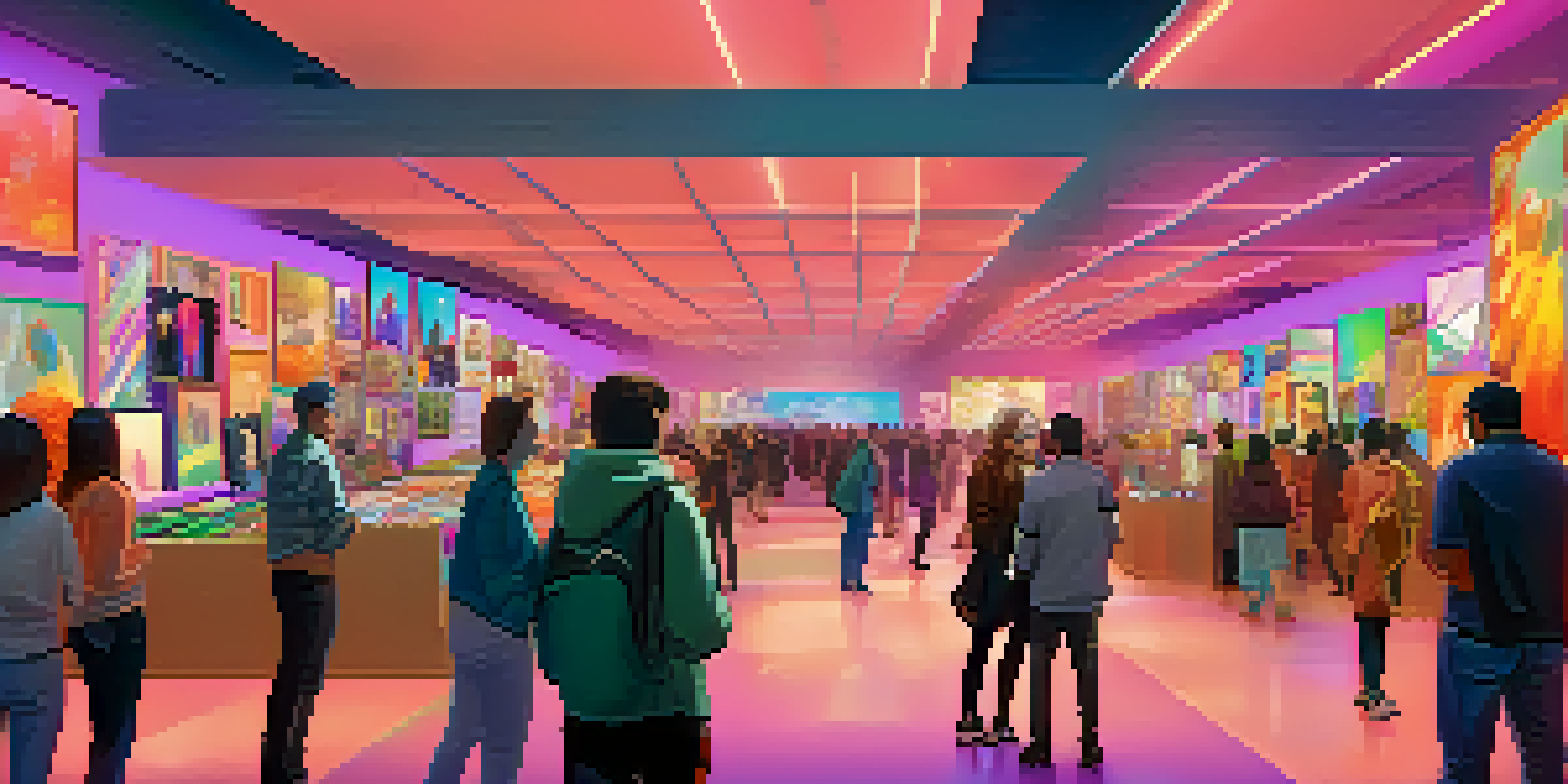 A digital art marketplace filled with diverse buyers of different ages interacting with unique NFTs displayed on screens, featuring bright colors and ambient lighting.